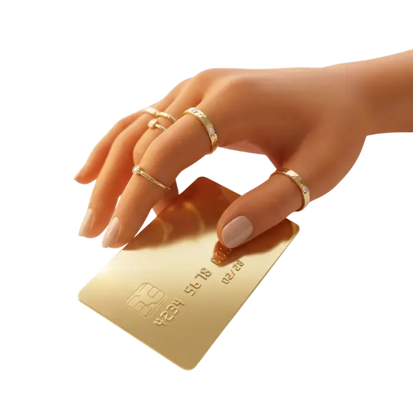 3D render of a realistic female hand holding a metallic gold credit/payment card with a glossy finish; the hand wears several slim gold rings with small diamonds and the scene is isolated on a black background.