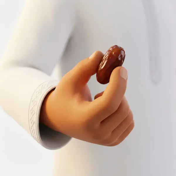 3D render of a glossy brown date held between thumb and forefinger of a warm-toned hand wearing a white thobe sleeve with embroidered cuff, soft white background. The date surface is shiny and slightly wrinkled while the fabric and skin have a smooth, matte finish.