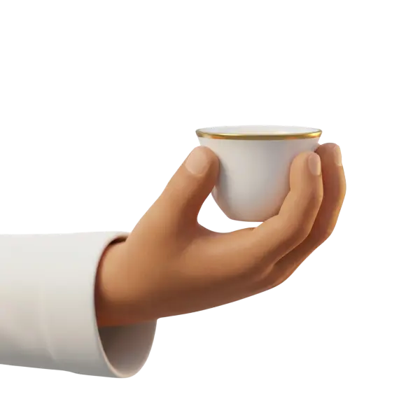 3D render of a stylized hand holding a small white ceramic finjan cup with a shiny gold rim; the hand has a smooth, matte skin tone and a white sleeve, on a transparent background.