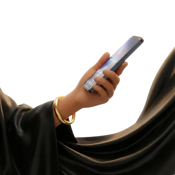 3D render of a stylized hand holding a metallic-blue smartphone with a glossy screen, warm skin tone and a gold bangle, draped in black abaya fabric. Isolated render on a transparent background with soft lighting and realistic fabric folds.