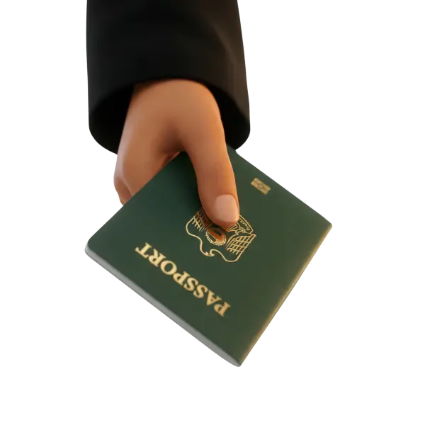 3D render of a stylized hand holding a green passport with a matte leather cover and gold embossed emblem and lettering; the card-like book shows metallic foil details and a smooth thumb pressing its edge. Isolated render on a transparent background with a dark-sleeved arm.
