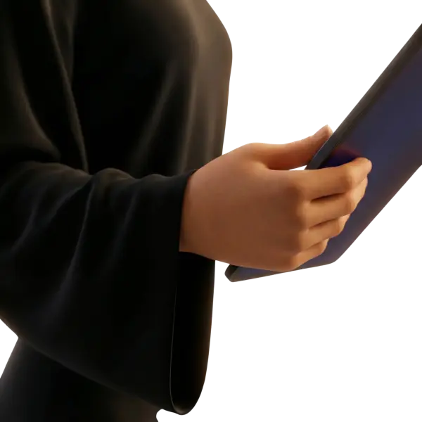 3D render of a hand and forearm wearing a black long sleeve garment holding a slim tablet with a matte metallic frame and subtle blue screen reflections; isolated on a transparent background.