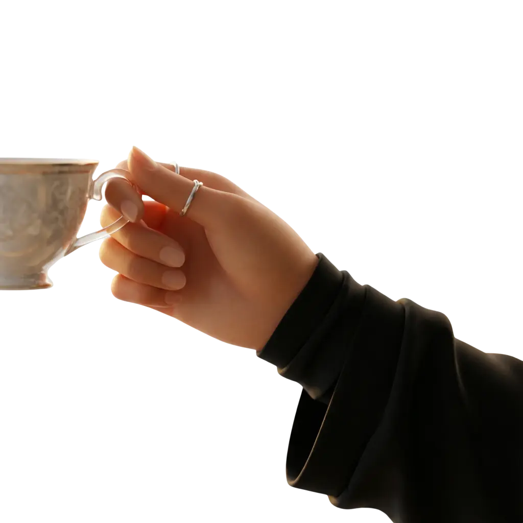 3D render of a realistic female hand wearing silver rings and natural nails holding an ornate ceramic teacup with a gold rim; black sleeve and isolated on a transparent background.