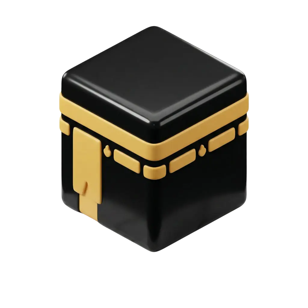 3D render of a stylized Kaaba cube with smooth rounded edges, glossy black finish and simplified gold bands and door details, shown on a black isolated background.