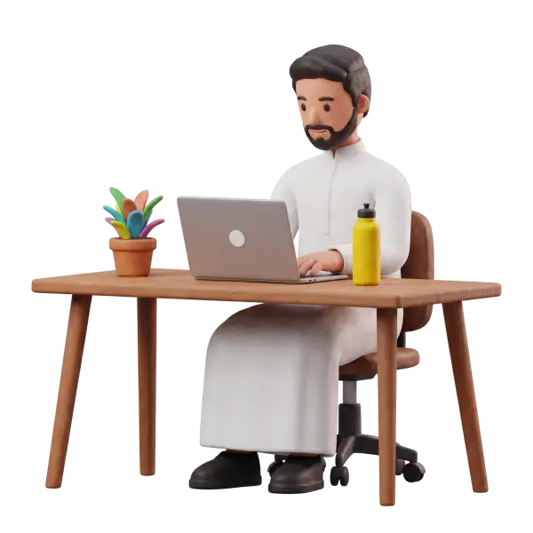 Full-body 3D scene of a male in a white thobe seated at a wooden desk typing on a laptop with a colorful potted plant and a yellow water bottle on the table. Isolated render on a black background.