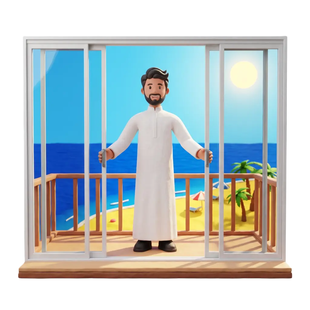 Full-body 3D scene of a single male character in a white thobe and black shoes opening sliding glass balcony doors while smiling and holding the handles. The balcony looks out over a sunny beach with palm trees, umbrellas and a bright blue sea under a pale blue sky, and the render sits on a white isolated background.