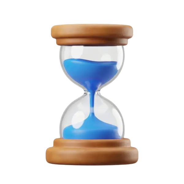 3D render of a clear glass hourglass with vivid blue sand flowing between two bulbs and rounded warm brown wooden end caps with a soft matte texture. Isolated on a transparent background.
