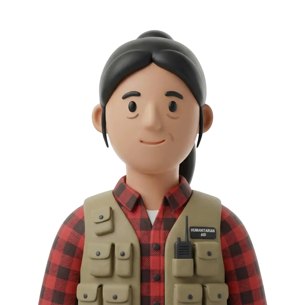 3D portrait bust of a female humanitarian worker wearing a red-and-black checkered shirt and a tan utility vest with multiple pockets and a handheld radio, dark hair tied back in a bun, neutral smile, isolated on a black background.