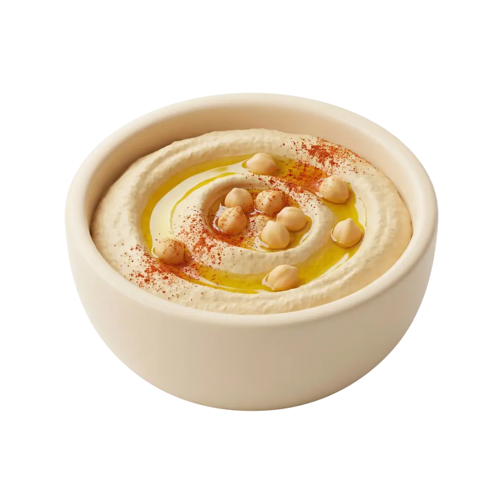 Close-up of a creamy hummus swirl in a beige ceramic bowl topped with whole chickpeas, a pool of olive oil and a dusting of red paprika, isolated on a black background. Smooth whipped texture with visible oil reflections and scattered chickpea pearls.