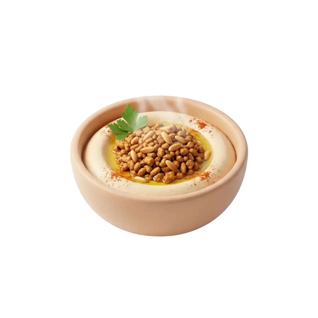 Top-down shot of a ceramic bowl of hummus topped with spiced minced meat, toasted pine nuts, a drizzle of olive oil, parsley and a dusting of paprika; creamy beige hummus texture and glossy oil pool on a black background.
