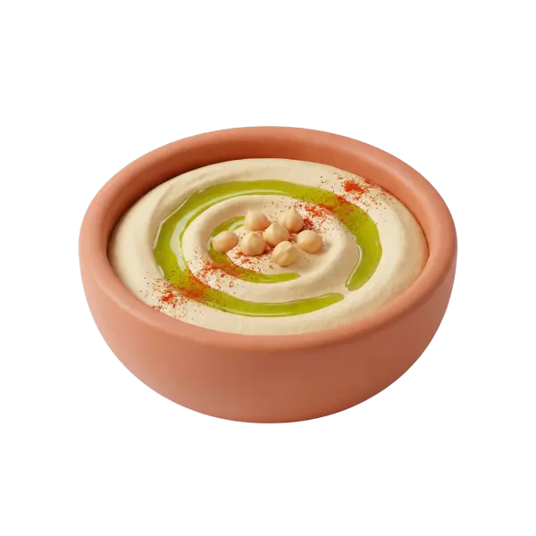 3D render of a bowl of hummus with a creamy swirled surface topped with whole chickpeas, a spiral of green olive oil and a dusting of red paprika in a terracotta bowl. Smooth pale-beige texture with soft highlights against a solid black background.