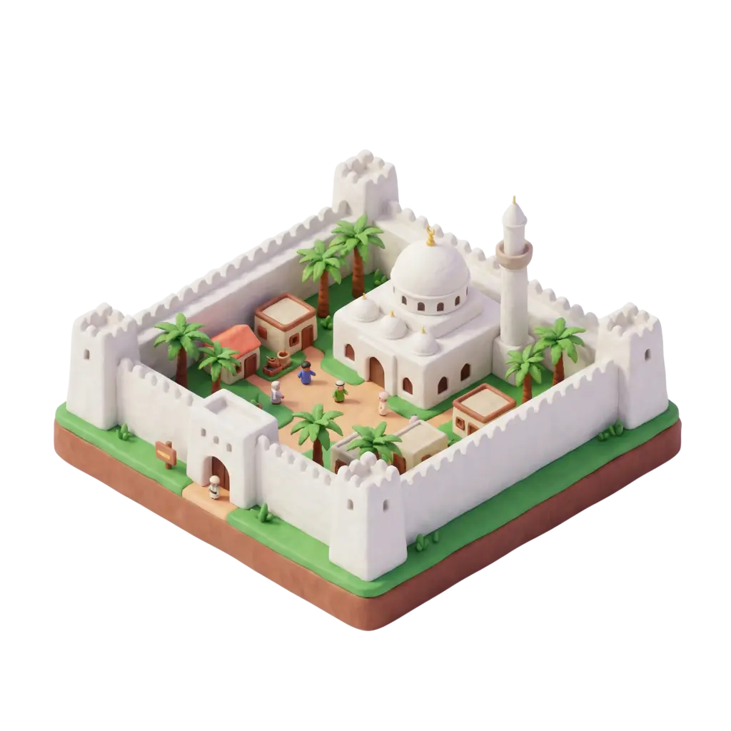 3D clay-style depiction of a walled palace complex with white crenellated fort walls, a central domed mosque and tall minaret, palm trees and small courtyard buildings; isometric perspective on a black background with soft, warm lighting. The scene shows tiny human figures, earthen pathways and a verdant oasis feel inside the enclosure.