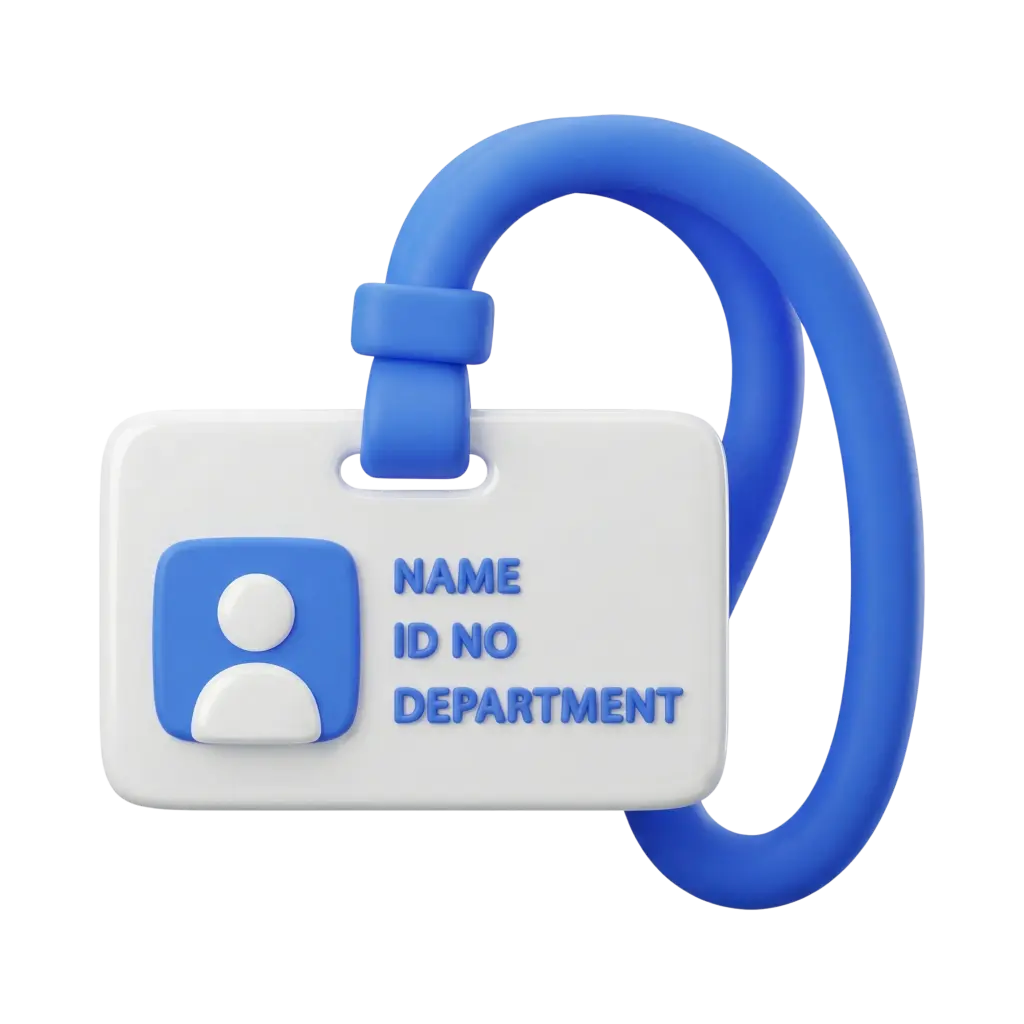 3D render of a white rectangular ID card with rounded corners, embossed blue user icon and placeholder text, attached to a thick blue silicone lanyard loop and strap, matte plastic finish, isolated on a transparent background.