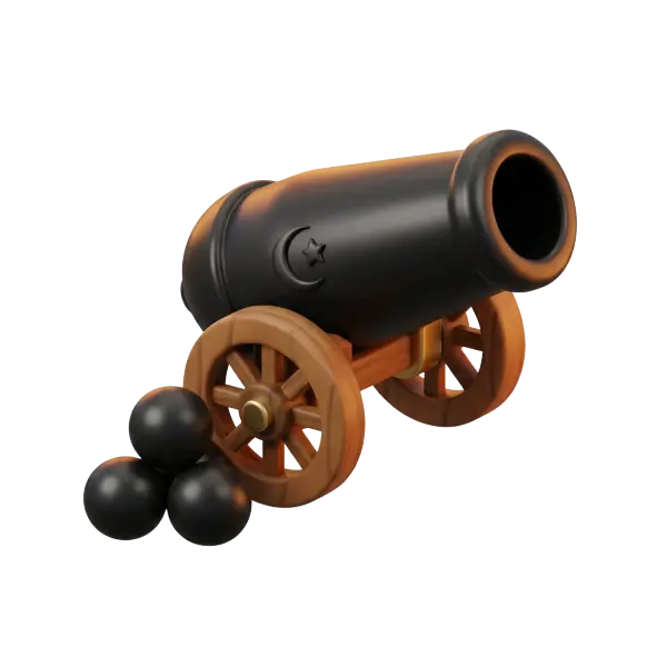 3D render of a stylized black metal iftar cannon with an embossed crescent and star, wooden spoked wheels and three black cannonballs, matte metallic finish, isolated on a black background.