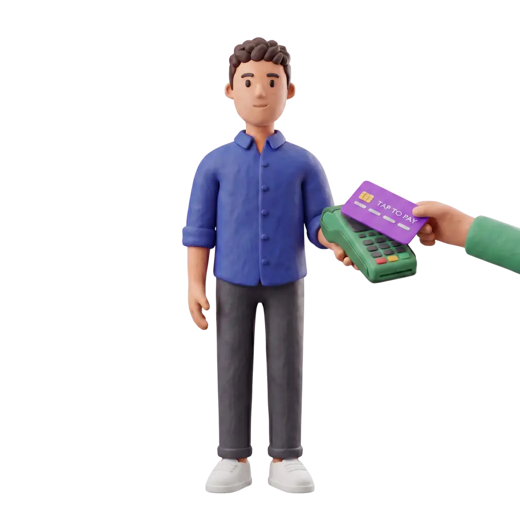 Full-body 3D scene of a male shop owner wearing a blue button-up shirt and grey pants receiving a purple tap-to-pay card on a green POS terminal held by another hand, isolated on a black background.