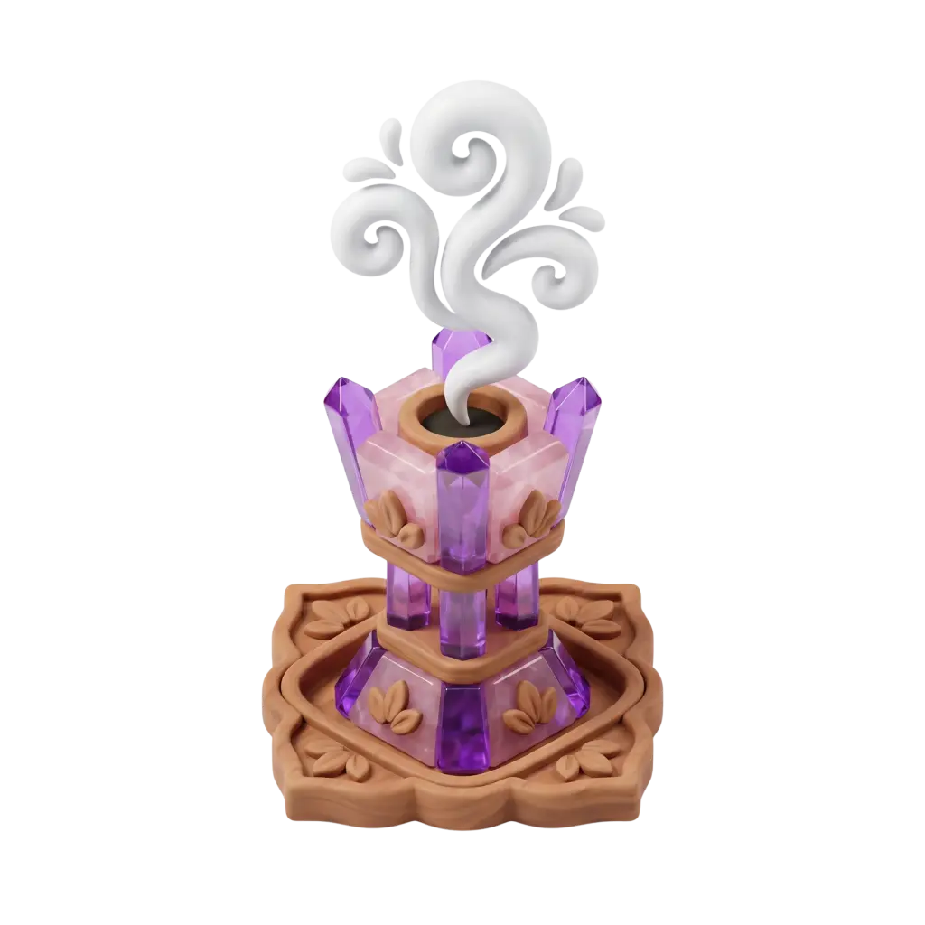 3D render of a stylized incense burner with purple crystalline pillars, a pink translucent central body and a terracotta-like carved base with leaf motifs; glossy crystal and matte clay finishes, white stylized smoke rising, isolated on transparent background.