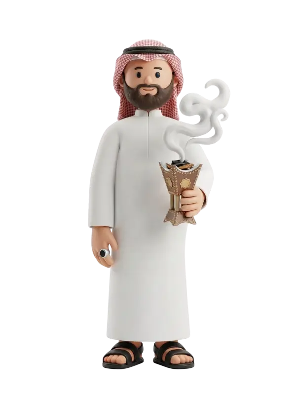 Full-body 3D character of a man wearing a white thobe and a red-and-white ghutra with black agal, trimmed brown beard, holding a decorative mabkhara emitting curling smoke; he wears black sandals and a ring, smiling gently and standing upright against a black background.