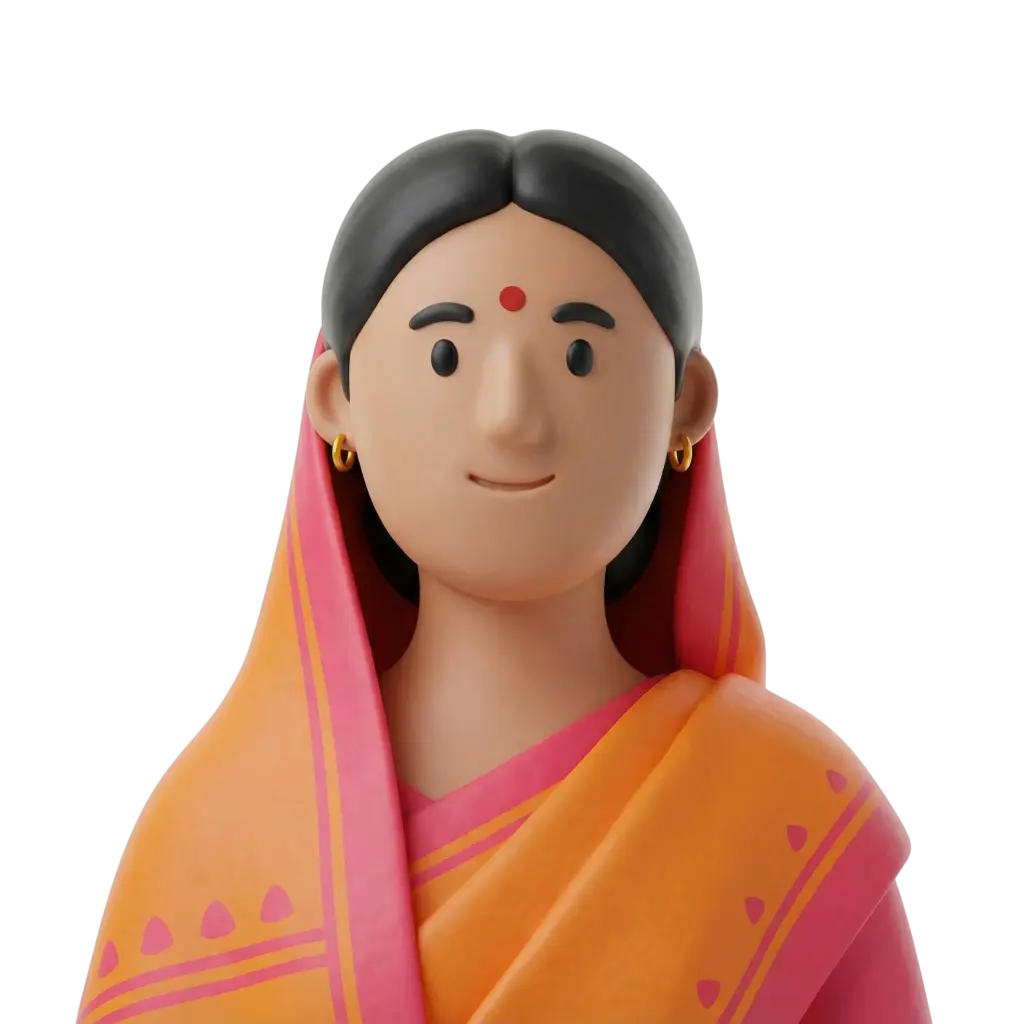 3D portrait bust of an Indian woman wearing a pink and orange sari with patterned border, a red bindi on her forehead and gold hoop earrings. She has center-parted black hair, a gentle smile and a plain black background.