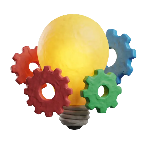 3D render of a yellow glowing light bulb shaped like a smooth sphere, surrounded by interlocking colorful gears in red, green and blue with a matte clay-like painted finish, isolated on a transparent background.