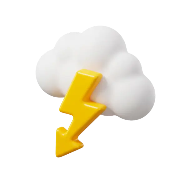 3D render of a soft white cloud with a glossy yellow lightning-shaped downward arrow attached, matte cloud surface and shiny plastic arrow, isolated on a transparent background.