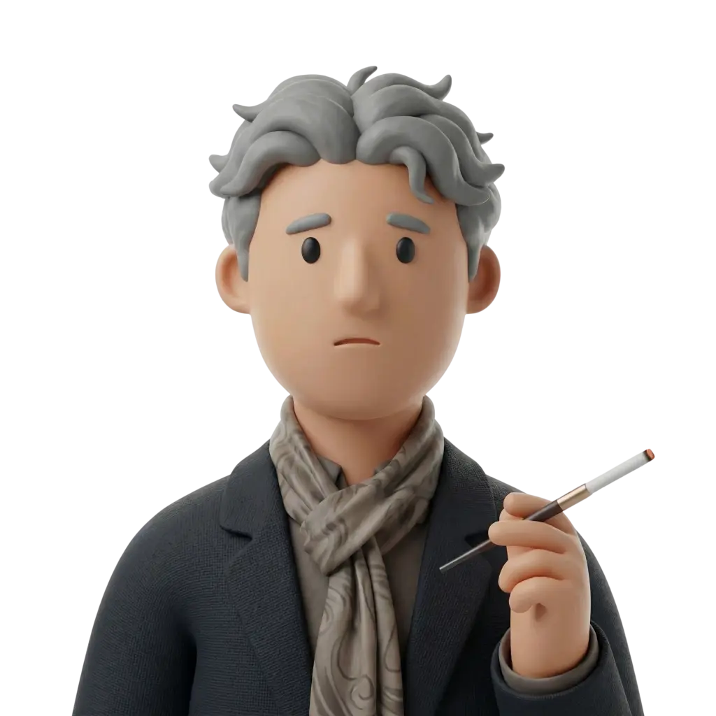 3D portrait bust of a male intellectual wearing a dark blazer and a patterned grey scarf, with wavy grey hair and neutral expression, holding a cigarette holder; isolated on a black background.