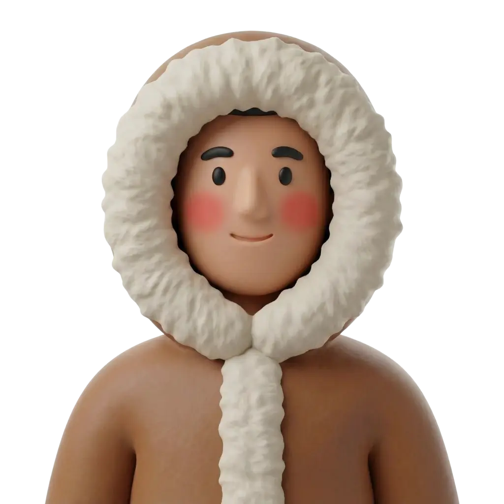 3D portrait bust of an Inuit person in a brown parka with a thick white fur-lined hood, rosy cheeks and a subtle smile. The figure is shown from the shoulders up against a black isolated background.