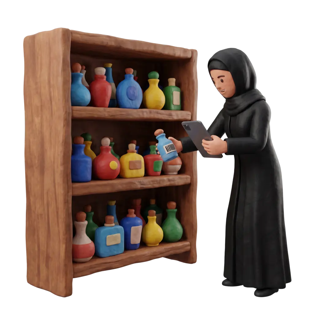 Full-body 3D scene of a female small-business owner wearing a black abaya and hijab scanning a blue bottle with a barcode while holding a smartphone in front of wooden shop shelves filled with colorful bottles. The shelves are packed with ceramic-like bottles and the background is black.
