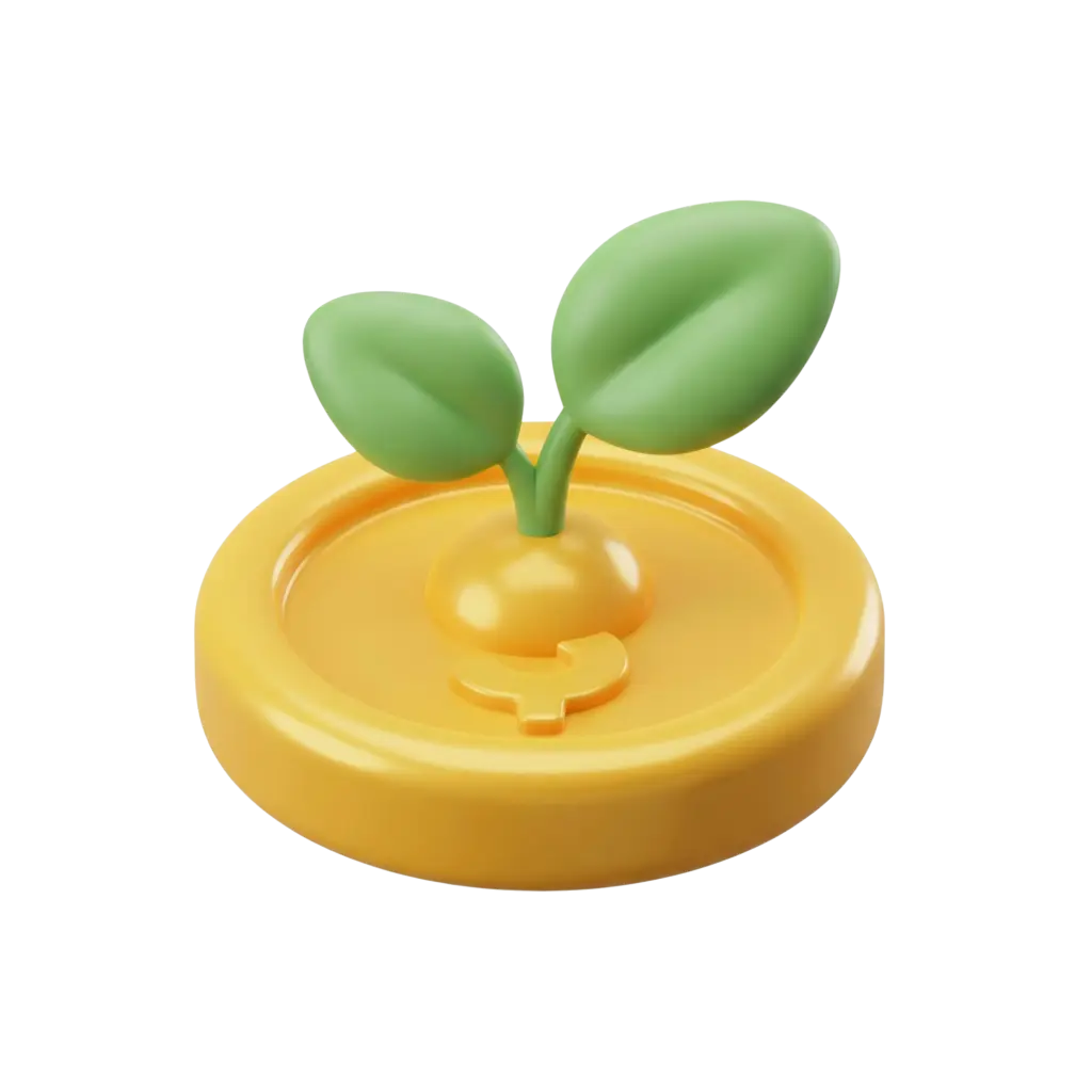 3D render of a glossy yellow coin-like disc with a small green two-leaf sprout growing from its center, smooth plastic finish, isolated on a black background.