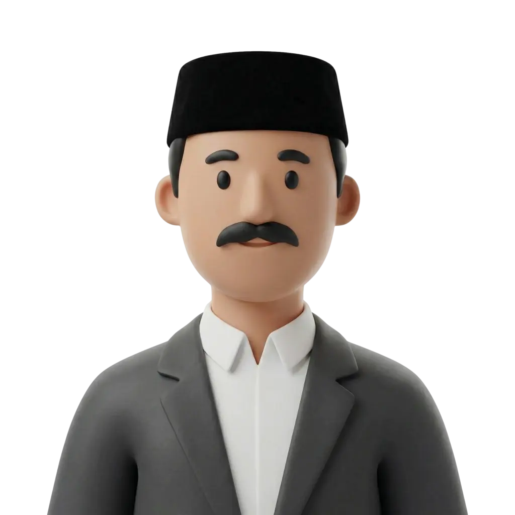 3D portrait bust of a man wearing a black fez-style cap, grey suit jacket and white shirt, with a neatly trimmed black mustache, neutral expression and forward-facing pose against an isolated black background.