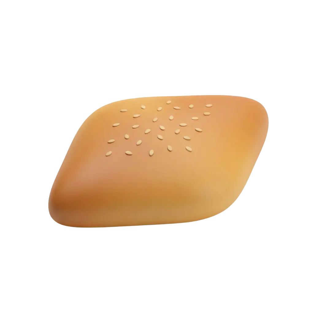 3D render of Iraqi samoon bread on a black background, diamond-shaped golden-brown roll topped with scattered sesame seeds, smooth crust and soft rounded edges.