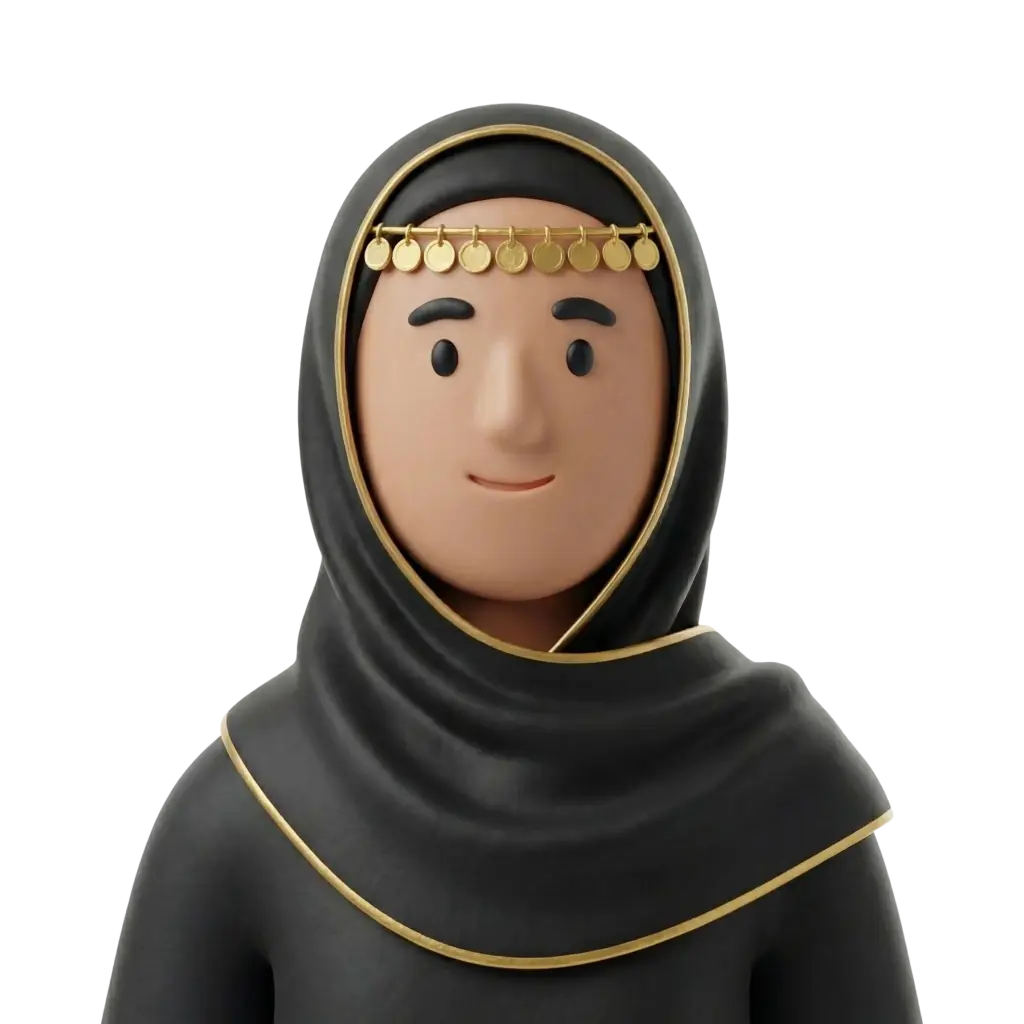 3D portrait bust of a female wearing a black hijab with gold trim and a gold coin forehead chain, facing forward with a gentle smile and simple eyebrows. Neutral pose on a solid black background, isolated render with matte finish.