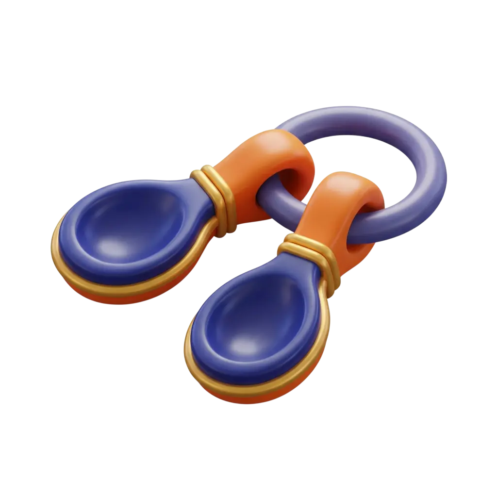 3D render of two spoon-shaped iron castanets with deep blue concave faces, orange looped connectors and gold metallic trim, glossy finish, isolated on a transparent background.