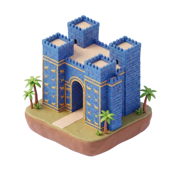 3D render of a stylized Ishtar Gate: a blue-glazed brick ceremonial portal with golden animal reliefs, four crenellated towers on a raised sandy base with small palm trees; isometric perspective with soft studio lighting and isolated transparent background.