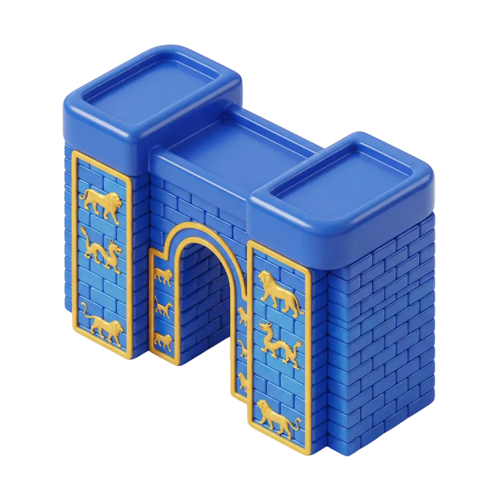 3D render of a stylized Ishtar Gate: a royal-blue brick arch with gold bas-relief lions and mythical creatures, glossy plastic and metallic accents. Isolated on a black background.