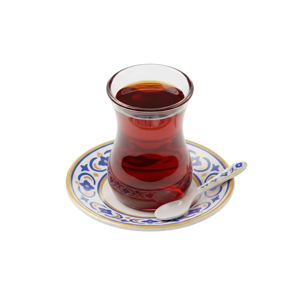 3D render of a tulip-shaped clear glass filled with dark amber tea, sitting on a white saucer decorated with blue and gold floral patterns and accompanied by a small matching spoon. Isolated on a black background with crisp reflections on the glass surface.