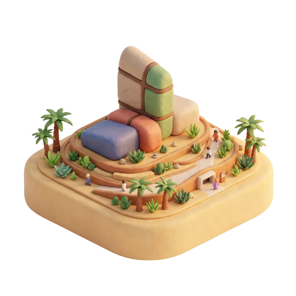 3D clay-style depiction of Ithra as stacked colorful block forms on a terraced sandy base with palm trees and small human figures, shown in an angled isometric view. Soft warm lighting highlights the sculptural geometry and desert vegetation, presented as an isolated render on a dark background.
