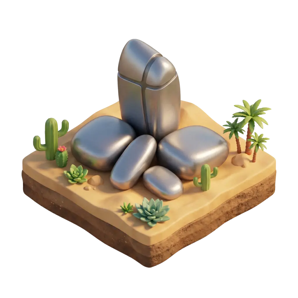 3D render of a stylized metallic Ithra complex: smooth organic silver towers clustered on a sandy diorama with palm trees, cacti and succulents; three-quarter perspective with soft studio lighting and isolated black background.