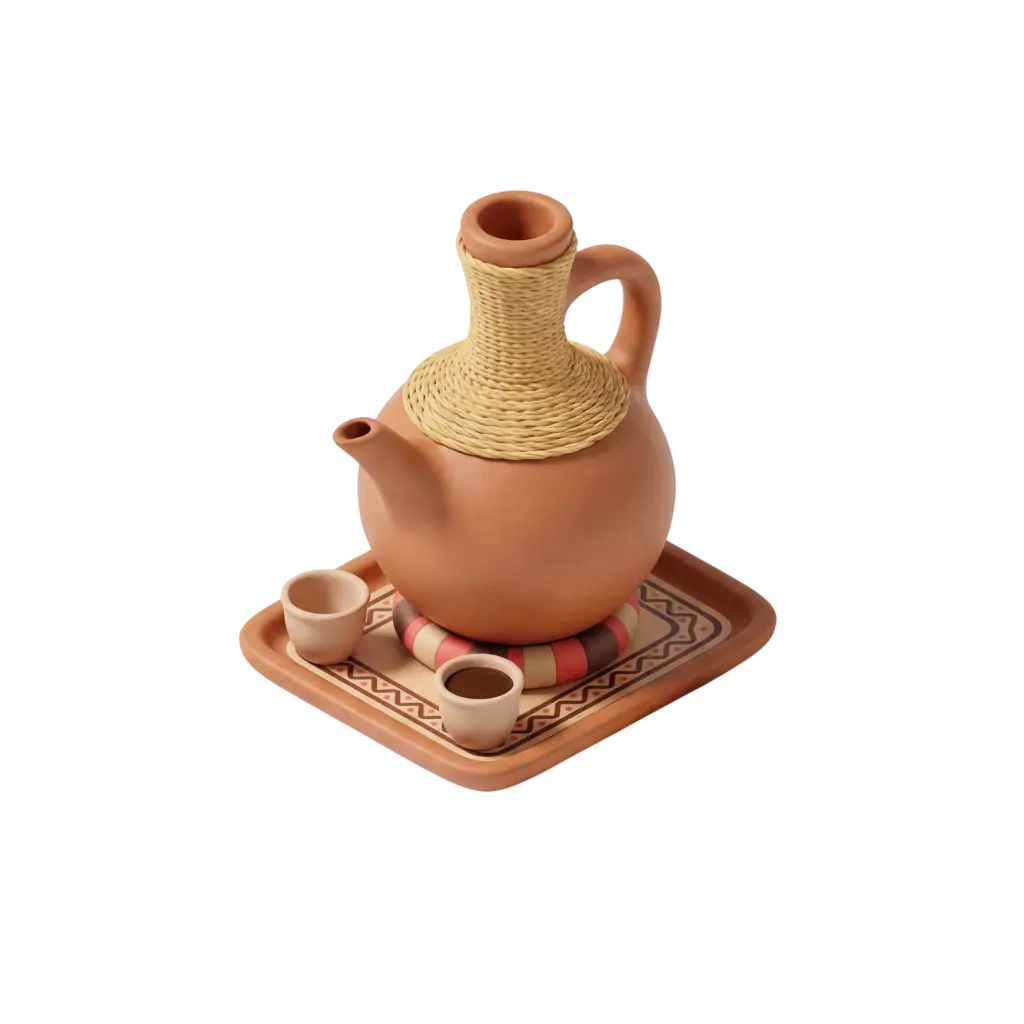 3D render of a terracotta jabana coffee pot with a woven straw-wrapped neck, two small clay cups, and a patterned square tray, rendered in warm earthy tones on a black background.