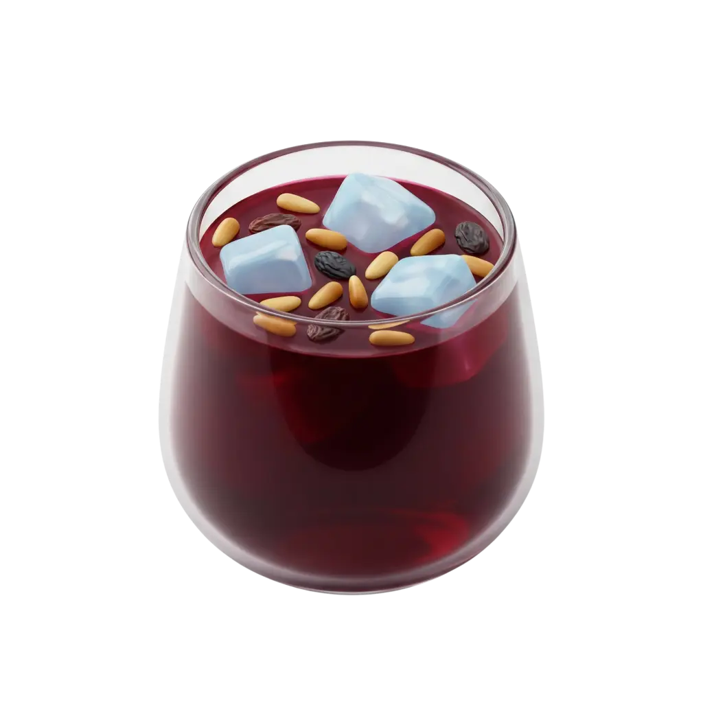 3D render of a deep red Jallab drink in a clear rounded glass with floating pale blue ice cubes, golden pine nuts and dark raisins; glossy liquid surface and black background.