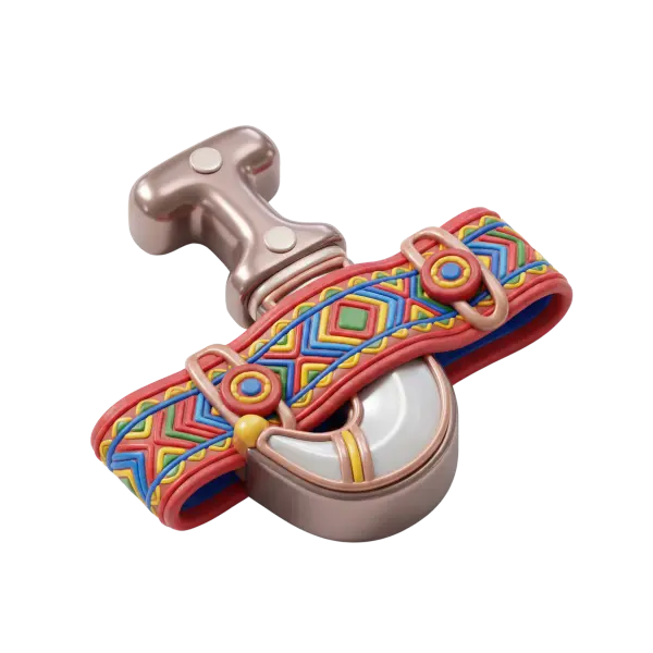 3D render of a colorful jambiya belt with a curved glossy metallic sheath and rose-gold handle, paired with a bright multicolor strap featuring raised geometric braided patterns; rendered on a transparent background.