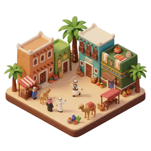 3D clay-style depiction of a compact heritage market square with colorful Najdi-style buildings, palm trees, camels, market stalls and small figurines; isometric perspective with soft studio lighting and isolated dark background.