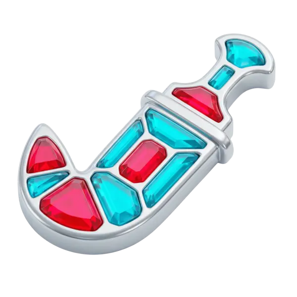 3D render of a stylized janbiya dagger with a curved silver metal sheath and handle, inset with faceted turquoise and red gemstone-like inlays, glossy metallic and translucent finishes on a transparent background.
