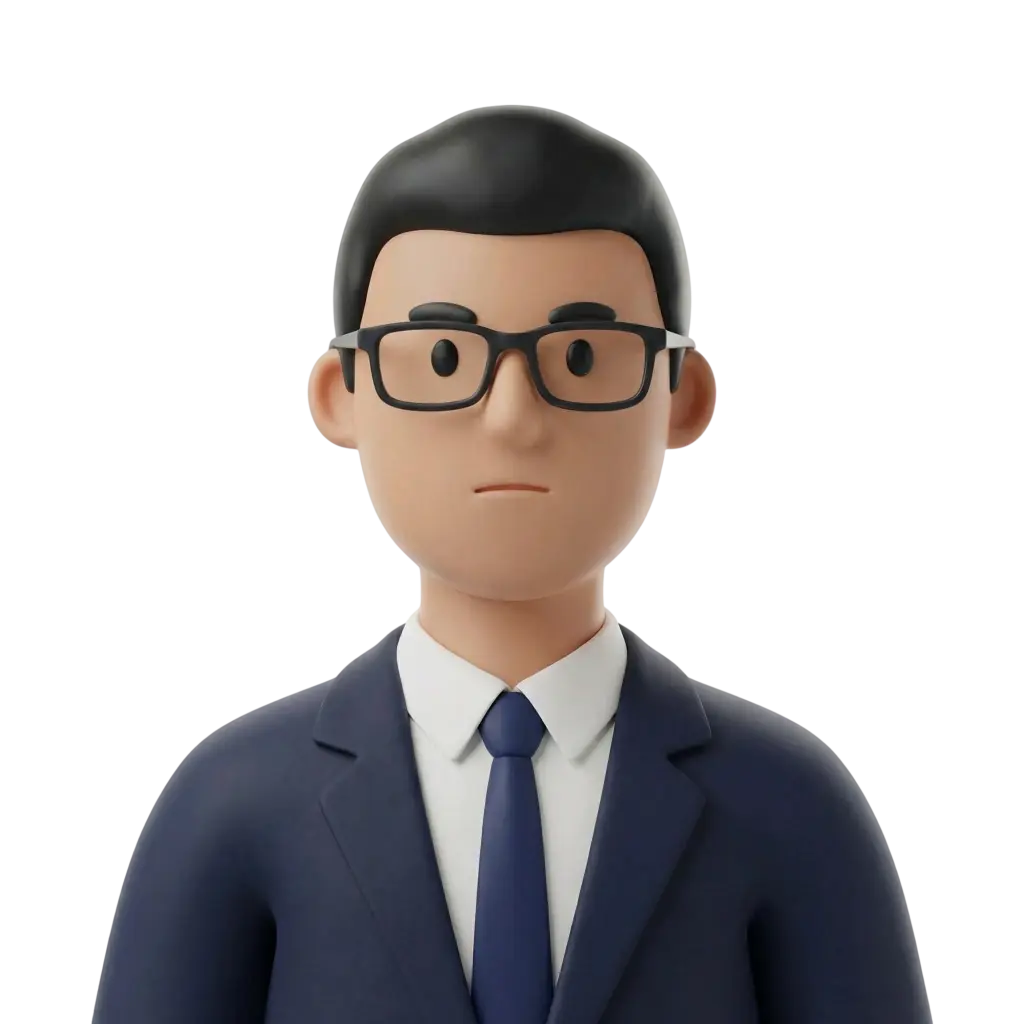 3D portrait bust of a male Japanese office worker wearing a navy suit, white shirt and blue tie with short black hair and rectangular black glasses. Neutral professional expression, forward-facing pose, isolated on a black background.