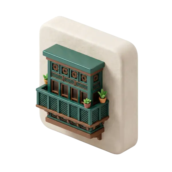 3D render of a teal-green Jeddah roshan balcony with carved geometric star panels, woven lattice balustrade, brown wood trims and small potted plants, glossy painted finish, mounted on a cream textured wall against a dark background.