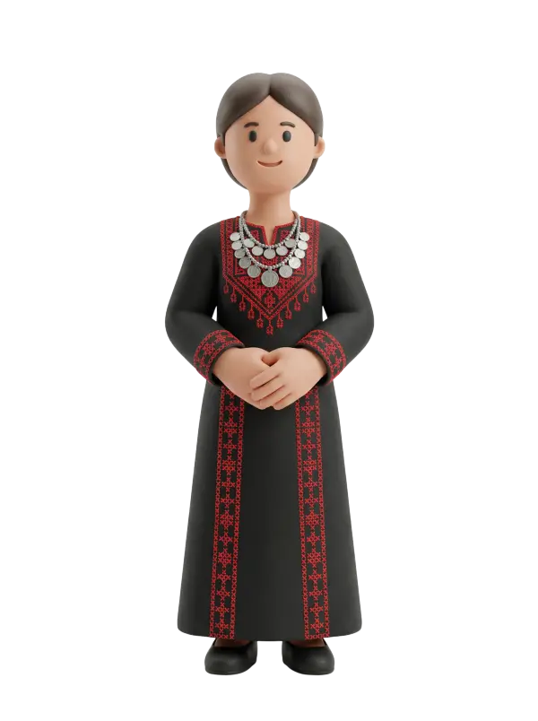 Full-body 3D character of a woman from Jerusalem wearing a long black embroidered thobe with red Palestinian tatreez, layered silver coin necklace, hands clasped and a gentle smile. Posed against a solid black background.