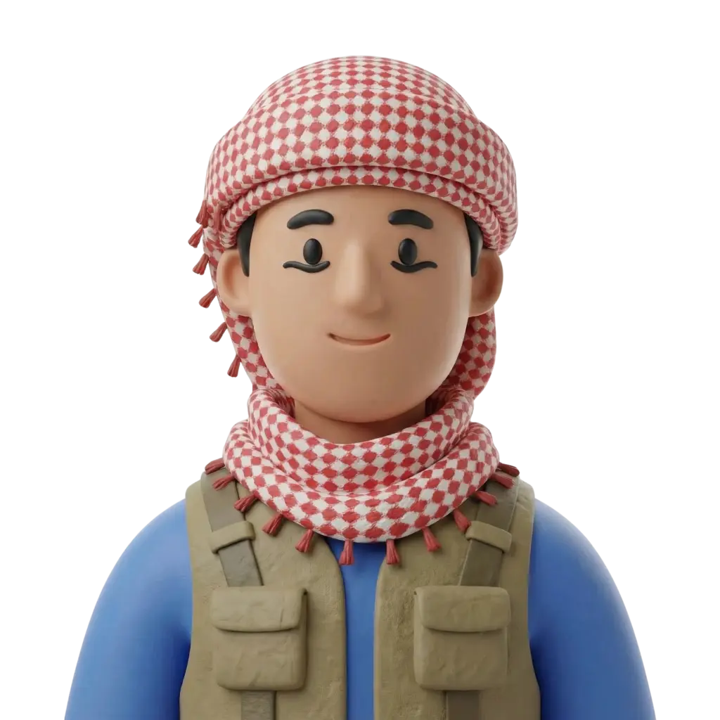 3D portrait bust of a male Jordanian Bedouin wearing a red-and-white checkered shemagh wrapped over the head and around the neck, a khaki utility vest with front pockets, and a blue shirt; neutral friendly smile and simplified stylized features. The figure is shown facing forward with a smooth clay-like finish on a solid black background.