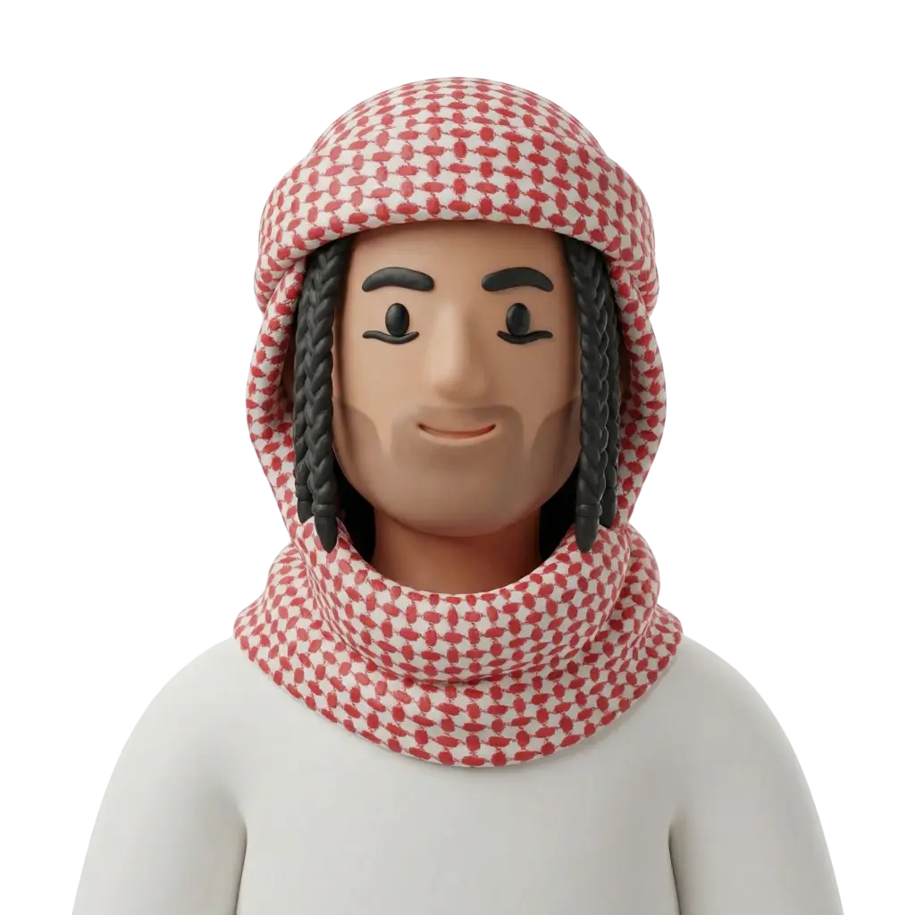 3D portrait bust of a male Jordanian Bedouin wearing a red-and-white shemagh (شماغ) wrapped around his head and neck, a white thobe visible at the shoulders, with two black braided side-locks and light stubble, smiling subtly against a black background. Front-facing, neutral pose with no additional accessories.
