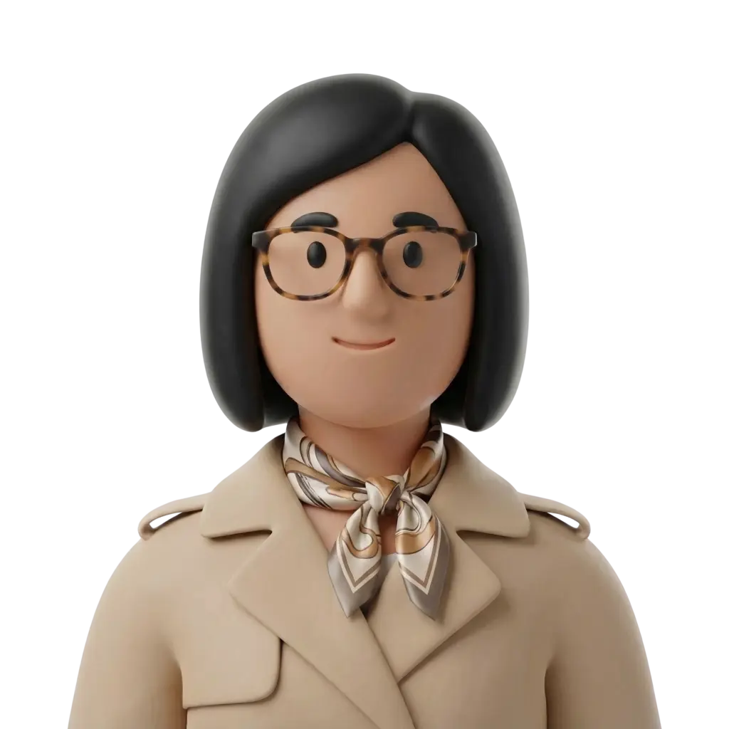 3D portrait bust of a Jordanian woman with a neat black bob haircut, wearing tortoiseshell glasses, a beige trench coat and a patterned silk neck scarf, smiling subtly in a frontal pose. Isolated render on a black background, professional and polished appearance.