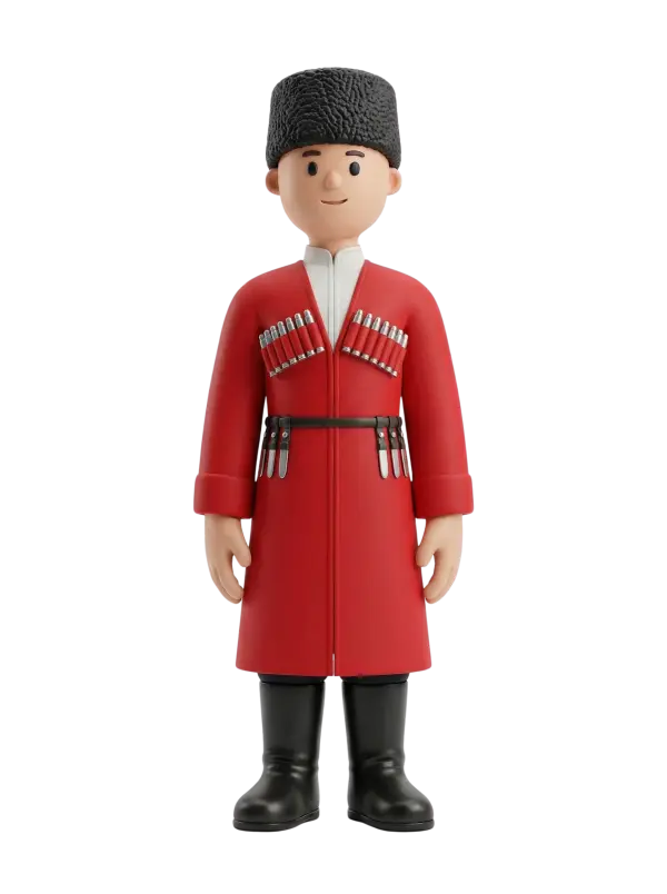 Full-body 3D character of a male Jordanian Circassian guard wearing a red traditional Circassian coat with decorative cartridge rows on the chest, a black wool papakha hat, black boots and a waist belt, smiling with hands at his sides. Isolated render on a transparent/black background.