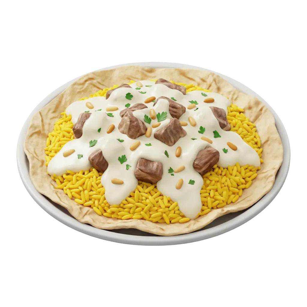 3D render of a Jordanian mansaf on a white plate: yellow saffron-colored rice on flatbread, topped with pieces of lamb, creamy white jameed sauce, toasted pine nuts and chopped parsley against a black background.